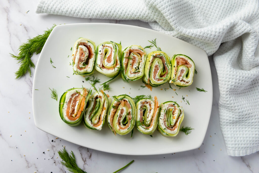 Everything Bagel Cucumber Rolls with Cream Cheese and Smoked Salmon